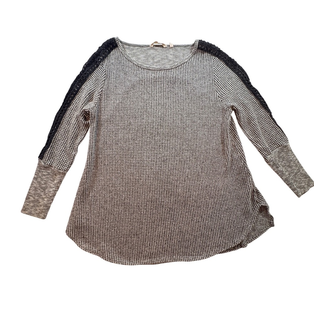 Soft Surroundings Waffle Knit Tunic Womens Medium Gray Crochet Shoulder Pullover